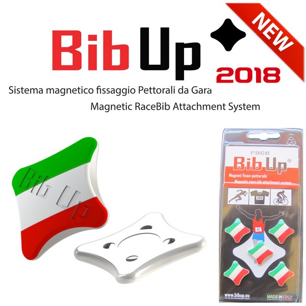 Confezione da 4 Coppie di magneti Le Originali e più Forti per Il Fissaggio del pettorale da Gara Senza Spille RaceBibUp magneti Calamite Sportive qualità Italiana. 